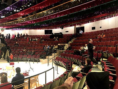 舞台の三方向を客席が囲むスラスト・ステージ（Thrust Stage）が施された舞台の様子。通常の劇場より舞台が近く感じます